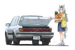  1girl 4me_4ma absurdres ahoge alternate_costume animal_ears bag blue_eyes blue_hair blue_skirt car car_trunk carrot commentary dated ear_ornament full_body groceries hair_ornament highres holding holding_bag horse_ears horse_girl horse_tail license_plate long_hair looking_at_viewer motor_vehicle multicolored_hair oguri_cap_(umamusume) paper_bag parted_lips puffy_short_sleeves puffy_sleeves shirt shoes shopping_bag short_sleeves signature simple_background skirt sneakers socks solo standing streaked_hair tail toyota toyota_carina umamusume very_long_hair white_background white_shoes white_socks yellow_bag yellow_shirt 