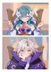  1boy 1girl ahoge aqua_hair ascot bare_shoulders black_jacket black_vest blurry blurry_background blurry_foreground bright_pupils cafe chair choker clenched_hand closed_eyes closed_mouth collared_jacket collared_shirt commentary_request cup dating detached_sleeves dress drinking_glass eating eyelashes fingernails fins flower food food_on_face frilled_choker frills genshin_impact gradient_hair green_hair grey_choker grey_hair hair_flower hair_ornament hair_over_one_eye hand_on_own_face hand_up hands_up happy head_fins heart hetero high_collar highres holding holding_spoon ice_cream indoors jacket jewelry long_hair long_sleeves looking_at_another mitya_(genshin_impact) multicolored_hair musical_note necklace nonnon57069313 on_chair open_clothes open_jacket pearl_hair_ornament puffy_detached_sleeves puffy_long_sleeves puffy_sleeves purple_eyes purple_jacket shirt short_hair sidelocks sitting sleeveless sleeveless_dress smile spoon two-sided_fabric two-sided_jacket two-tone_hair upper_body very_long_hair vest vodyanitsa_(genshin_impact) wavy_hair white_ascot white_dress white_flower white_pupils white_shirt white_sleeves 