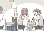 2boys 2girls :d bag blush bottle brown_hair chair chopsticks clenched_teeth collared_shirt commentary_request desk finger_to_mouth full-face_blush grey_background grey_hair grey_skirt hand_in_pocket holding holding_chopsticks juukyuu long_hair multiple_boys multiple_girls on_chair original pleated_skirt ponytail profile school_bag school_chair school_desk school_uniform shirt shushing skirt small_sweatdrop smile sweat sweater_vest teeth two-tone_background v-shaped_eyebrows white_background white_shirt 