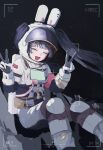  1girl :d absurdres bandaid bandaid_on_leg black_hair closed_eyes commentary double_v facing_viewer gloves hair_ornament hairclip helmet highres long_hair nijisanji open_mouth smile solo space space_helmet spacesuit ss_ooao star_(sky) tsukino_mito tsukino_mito_(astronaut) twintails twitter_username v viewfinder virtual_youtuber 