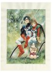  1980s_(style) 1boy 2girls arm_rest black_hair black_shirt blue_bodysuit blue_eyes bodysuit boots border bracer brown_eyes brown_hair choujikuu_seiki_orguss crossed_arms dress fingerless_gloves forest frown gloves grass green_bodysuit green_eyes green_hair highres katsuragi_kei long_hair looking_at_another looking_down looking_up mecha mecha_pilot_suit mikimoto_haruhiko mimsy_raas mome_(orguss) multicolored_bodysuit multiple_girls nature official_art on_ground orguss orguss_(mecha) outdoors painting_(medium) pink_dress red_boots red_gloves red_shirt retro_artstyle robot science_fiction shirt short_dress short_hair sitting sleeveless sleeveless_bodysuit sleeveless_dress third-party_source traditional_media v-shaped_eyebrows wariza white_bodysuit white_boots white_border yellow_gloves 