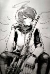  1girl arknights artist_name cigarette clothes_writing commentary dragunov_svd exusiai_(arknights) fingerless_gloves gloves greyscale gun halo highres jacket looking_at_viewer mafuyu_0213 monochrome pantyhose penguin_logistics_logo photo_(medium) rifle short_hair sitting smoke smoking sniper_rifle solo traditional_halo traditional_media weapon 
