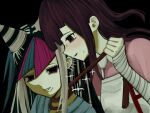  2girls apron bandaged_arm bandages black_background blue_streaks blush canon_event collared_shirt danganronpa_(series) danganronpa_2:_goodbye_despair ear_piercing face_piercing gushagushap hair_horns heart heart-shaped_pupils highres hospital_gown lip_piercing mioda_ibuki mouth_piercing multicolored_hair multiple_girls multiple_piercings no_mole official_alternate_costume pale_skin piercing pink_shirt pink_streaks puffy_short_sleeves puffy_sleeves red_eyes rope sequential_piercings shirt short_sleeves spoilers strangling streaked_hair sweat symbol-shaped_pupils tsumiki_mikan two-tone_shirt white_apron white_streaks 