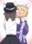  2girls arm_garter bangs black_headwear black_skirt blonde_hair blush bow buttons dress e.o. emphasis_lines fedora frilled_sleeves frills hat hat_bow highres hug long_sleeves maribel_hearn mob_cap multiple_girls open_mouth purple_dress shirt skirt surprised touhou usami_renko white_bow white_headwear white_shirt wide-eyed wide_sleeves yuri 