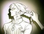  1boy 1other blush braid chaldea_logo chaldea_staff_uniform coat commentary disembodied_hand ear_blush fate/grand_order fate_(series) from_side grabbing_another's_hair grey_eyes grey_trim hair_between_eyes highres holding_another's_hair long_hair looking_at_viewer male_focus marisbury_animusphere parted_lips profile single_braid solo_focus sweat tajjang_(mxmm1t) upper_body white_coat white_hair 
