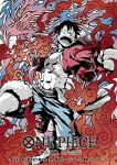  1boy abs blue_shorts clenched_hands commentary_request copyright_name fire hat male_focus monkey_d._luffy official_art one_piece one_piece_card_game open_mouth red_shirt sakiko_(oxab_b) scar scar_on_chest shirt short_hair shorts solo 