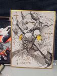  1girl absurdres arcaea bare_shoulders black_horns closed_mouth cross-laced_clothes cross-laced_dress detached_sleeves dress frilled_sleeves frills gold_border highres holding holding_scythe horns layered_dress lethe_(arcaea) long_hair looking_at_viewer miracle_7y photo_(medium) scythe shikishi simple_background sleeveless sleeveless_dress solo traditional_media wide_sleeves yellow_eyes 
