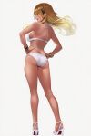  1girl ai-generated ass back bare_arms bare_legs bare_shoulders bikini blonde_hair bracelet breasts brown_eyes butt_crack commentary_request dark-skinned_female dark_skin dimples_of_venus earrings feet fingernails floating_hair from_behind full_body ganguro gradient_hair green_nails grey_background gyaru halterneck hands_on_own_hips high_heels highres idolmaster idolmaster_shiny_colors izumi_mei jewelry kneepits large_breasts legs long_hair looking_back median_furrow medium_breasts multi-strapped_bikini_bottom multicolored_hair nail_polish o-ring o-ring_bikini o-ring_bottom o-ring_top open_mouth platform_heels profile sandals shoulder_blades sideboob simple_background skindentation smile solo standing strap_gap strappy_heels string_bikini swimsuit tan thighs toenail_polish toenails toes two-tone_hair u_uqwq wedge_heels white_background white_bikini wristband yellow_nails 