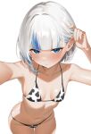  1girl alternate_costume alternate_hairstyle animal_print bikini blue_eyes blue_streaks blush breasts closed_mouth cocona_00 collarbone commentary cow_print cow_print_bikini cowboy_shot gawr_gura grey_hair highres hololive hololive_english looking_at_viewer multicolored_hair outstretched_arm print_bikini reaching reaching_towards_viewer short_hair simple_background small_breasts solo stomach streaked_hair swimsuit virtual_youtuber white_background 