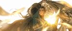  1boy absurdres all_wishes_come_true! arms_up black_cape black_hair blue_hanfu blurry blurry_foreground brown_eyes cape chinese_clothes chinese_commentary closed_mouth commentary_request egotismmm hanfu hat highres holding holding_unworn_clothes layered_sleeves lens_flare light_particles long_hair long_sleeves looking_at_viewer lv_dongbin_(all_wishes_come_true!) male_focus ponytail robe short_over_long_sleeves short_sleeves sidelocks simple_background smile solo straw_hat sun upper_body weapon white_background wide_sleeves wind 