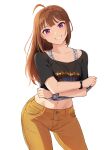  1girl ahoge alternate_hairstyle black_shirt brown_hair clothes_lift collarbone denim hair_down highres idolmaster idolmaster_million_live! jeans kamille_(vcx68) lifted_by_self long_hair looking_at_viewer midriff navel orange_pants pants purple_eyes shirt shirt_lift simple_background smile solo standing white_background yokoyama_nao 
