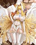  1girl absurdres angel_wings blonde_hair blue_eyes book breasts bridal_gauntlets center_opening commentary_request elbow_gloves feathered_wings feet_out_of_frame gloves hair_spread_out head_wings highres hua_hai_qishi large_breasts long_hair lying multiple_wings on_back original solo thighhighs very_long_hair white_thighhighs white_wings wings 