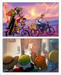  2girls 4boys alternate_costume backpack bag baseball_cap bicycle black_hair black_pants blonde_hair blue_jacket blue_pants brown_pants brown_skirt cardigan closed_mouth clothes_around_waist cloud cloudy_sky door from_behind from_side green_hair green_jacket haramaki hat highres hood hood_down hoodie house hug hug_from_behind jacket jacket_around_waist kaya_(one_piece) ki2ri5 leaning_on_person long_hair long_nose long_sleeves monkey_d._luffy multiple_boys multiple_girls nami_(one_piece) on_bicycle one_piece open_mouth orange_hair pants pink_shirt profile railing red_hoodie riding riding_bicycle roronoa_zoro sanji_(one_piece) shirt short_hair short_sleeves sitting skirt sky sleeping smile straw_hat straw_hat_pirates sunset twitter_username usopp waving white_cardigan white_shirt zzz 
