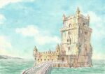  architecture battlement blue_sky castle cloud commentary_request day horizon island no_humans ocean original outdoors painting_(medium) paruperu portugal railing real_world_location scenery simple_bird sky tower traditional_media walkway watercolor_(medium) 