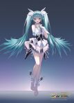  1girl :d aqua_eyes aqua_hair artist_name bow commentary_request company_name copyright_logo copyright_notice dress floating full_body hatsune_miku highres izumi_sai logo long_hair looking_at_viewer miku_symphony_(vocaloid) official_art rainbow_gloves second-party_source smile solo toes twintails very_long_hair vocaloid web_address white_bow white_dress 