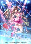  1girl ahoge audience balloon bow breasts brown_eyes brown_hair character_request cleavage cleavage_cutout clothing_cutout commentary_request confetti copyright_notice dress frilled_dress frilled_wristband frills from_side hair_bow halter_dress halterneck headset heart_balloon high_heels highres holding holding_microphone idol large_breasts layered_dress long_hair looking_at_viewer microphone midair official_art open_mouth pink_dress ponytail sideboob skindentation skirt smile solo_focus stage stage_lights streamers suspender_skirt suspenders tachibana_wataru_(123tsuki) thighhighs white_thighhighs z/x 