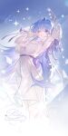  1girl absurdres alternate_costume arm_up armpits blue_eyes blue_hair breasts caisena chinese_commentary commentary_request detached_sleeves dress face_jewel hair_between_eyes halo head_wings highres honkai:_star_rail honkai_(series) jewel_under_eye large_breasts long_hair nightgown one_eye_closed open_mouth parted_lips robin_(honkai:_star_rail) see-through_clothes see-through_dress solo white_dress white_nightgown white_wings wings yawning 
