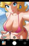  1girl absurdres artist_logo artist_name bare_shoulders beach bikini blonde_hair blue_eyes blue_sky blurry blurry_background breasts cleavage closed_mouth cloud collarbone commentary cowboy_shot day dutch_angle earrings english_commentary english_text fake_phone_screenshot fake_screenshot full_cleavage halterneck highres jewelry large_breasts leaning_forward logo long_hair looking_at_viewer mario_(series) multiple_girls navel nyazuliart ocean outdoors outline outstretched_arm pink_bikini pink_nails princess_daisy princess_peach reaching reaching_towards_viewer sand selfie side-tie_bikini_bottom sky smile solo sphere_earrings standing string_bikini swimsuit viewfinder water white_outline 