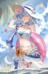  1girl absurdres beach bikini blue_hair breasts choker cleavage commentary cowboy_shot day face_jewel facial_mark flower green_eyes halo hat head_wings heart heart-shaped_eyewear heart_facial_mark highres honkai:_star_rail honkai_(series) innertube jewel_under_eye jewelry large_breasts long_hair mark_under_eye necklace official_alternate_costume one_eye_closed outdoors purple_choker robin_(honkai:_star_rail) robin_(summeretto)_(honkai:_star_rail) sarong smile sun_hat sunflower swim_ring swimsuit taero very_long_hair white_bikini white_sarong white_wings wings 