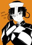 black_hair blush character_request commentary_request greyscale_with_colored_background happy_halloween hat highres ichihara_chigusa jiangshi_costume monochrome official_art orange_background qingdai_guanmao shite_no_hana sleeves_past_wrists smile 