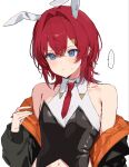  ... 1girl ange_katrina animal_ears bare_shoulders black_jacket black_shirt blue_eyes blush breast_conscious breasts bunny_day closed_mouth collared_shirt commentary_request crossed_bangs droopy_ears fake_animal_ears frown hair_between_eyes hair_intakes hair_ornament hairclip hand_up happachan2do6 highres jacket jacket_partially_removed layered_shirt long_sleeves looking_down medium_hair navel necktie nijisanji nontraditional_playboy_bunny official_alternate_costume orange_jacket oversized_breast_cup red_hair red_necktie shirt short_necktie sidelocks simple_background sketch sleeveless sleeveless_shirt small_breasts solo speech_bubble spoken_ellipsis sweatdrop triangle_hair_ornament two-sided_fabric two-sided_jacket upper_body variant_set virtual_youtuber white_background white_shirt 