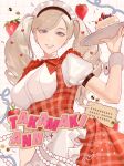  1girl 8lushal absurdres apron blonde_hair blue_eyes bow bowtie breasts cake character_name flannel food grin highres holding holding_plate large_breasts long_hair looking_at_viewer megami_tensei persona persona_5 plate red_apron red_bow red_bowtie smile solo strawberry_shortcake takamaki_ann twintails waitress 