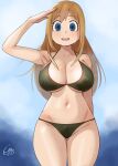  1girl bikini blue_eyes blush breasts brown_hair cleavage commentary_request green_bikini groin highres island_lagoon large_breasts long_hair looking_at_viewer navel open_mouth salute signature smile solo stomach swimsuit viktoriya_ivanovna_serebryakov wet youjo_senki 