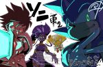  1girl 3boys blue_eyes brown_hair commentary_request dark-skinned_female dark_skin energy_sword feather_hair_ornament feathers furry furry_male gloves green_eyes hair_ornament holding holding_sword holding_weapon looking_at_viewer metstli midriff multiple_boys pungter red_eyes sonic_(series) sonic_and_the_blade_of_courage sonic_the_hedgehog sword tails_(sonic) watermark weapon white_gloves yellow_eyes yuuta_(sonic) 