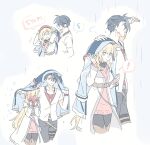  ! >_< 1boy 1girl agnes_claudel bag beret black_pants black_pantyhose black_shirt blonde_hair blue_eyes blue_hair blue_jacket blush boots breasts brown_boots chest_belt coat commentary cowboy_shot cropped_legs dog_tags eiyuu_densetsu embarrassed english_text flying_sweatdrops grey_background hair_bun hand_on_another's_head handbag hat hetero highres holding holding_unworn_clothes holding_unworn_hat jacket jacket_over_head jewelry kuro_no_kiseki_(series) kuro_no_kiseki_i long_hair medium_breasts multicolored_hair multiple_views necklace pants pantyhose pink_sweater poki_(as9861164216765) rain red_hat red_shirt shading_eyes shared_clothes shirt short_hair simple_background single_side_bun spoken_exclamation_mark spoken_squiggle squiggle sweatdrop sweater thigh_boots turtleneck two-tone_hair undershirt unworn_hat unworn_headwear unworn_jacket van_arkride white_background white_coat white_shirt 