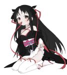  1girl 303xymm black_hair black_kimono clothes_lift commentary hair_ribbon japanese_clothes kimono kimono_skirt machine-doll_wa_kizutsukanai mouth_hold ribbon ribbon_in_mouth short_kimono short_yukata skirt skirt_lift solo thighhighs untranslatable_commentary white_thighhighs yaya_(machine-doll) yukata 