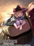  1boy 1girl blonde_hair blunt_bangs commentary_request copyright_name dress edward_newgate epaulettes hat hat_feather kicori necktie official_art one_piece one_piece_card_game open_mouth pink_necktie size_difference sleeveless sleeveless_dress stussy_(one_piece) talking white_dress 