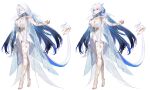  1girl blue_fire blue_hair blue_tail breasts bridal_veil cleavage commentary dragon_girl dragon_tail dress english_commentary fire flame-tipped_tail full_body hair_between_eyes hayamafair highres indie_virtual_youtuber legs medium_breasts multiple_views red_eyes short_hair starry_hair tail toeless_legwear veil vienna_(vtuber) virtual_youtuber white_dress 