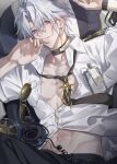  1boy abs absurdres antenna_hair belt black_belt black_choker black_necktie black_pants blue_eyes body_markings breast_pocket buttons chair choker collared_shirt commentary cowboy_shot crossed_bangs eyelashes fingernails grey_hair hair_between_eyes hands_up headphones highres honkai:_star_rail honkai_(series) id_card indoors kasasagi_(kasasagi0000) large_pectorals looking_at_viewer looking_up lying male_focus microphone muscular muscular_male navel neck_tattoo necktie official_alternate_costume on_back on_chair pants partially_unbuttoned pectorals phainon_(alternate_spacetime)_(honkai:_star_rail) phainon_(honkai:_star_rail) pilot pilot_chair pilot_uniform pocket shirt short_hair shoulder_boards smile solo sun_ornament sun_symbol sun_tattoo sunglasses tattoo teeth untranslatable_commentary unworn_eyewear watch white_shirt wristwatch yellow-framed_eyewear yellow_pupils 