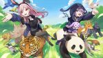  2girls :d african_penguin alternate_hair_length_(shorter) animal_ear_hairband animal_ears animal_hood arm_up artist_name asymmetrical_legwear bandaid bandaid_on_cheek bandaid_on_face bandaid_on_nose belt bird black_bustier black_choker black_jacket black_pantyhose black_shoes black_shorts black_skirt black_streaks black_thighhighs blue_belt blue_sky breasts bustier chest_jewel choker citron-crested_cockatoo clenched_hand cloud cockatoo commentary_request company_name copyright_notice creature crossed_legs day deer detached_wings english_commentary fake_animal_ears floating_hair foliage foreshortening frilled_choker frills full_body fur-trimmed_jacket fur_trim geow_(koseki_bijou) gorilla grass hair_over_one_eye hairband headphones headphones_around_neck highres holding holding_creature hololive hololive_english hood hood_up hyacinth_macaw jacket jewel_under_eye jewelry koseki_bijou koseki_bijou_(casual) large_breasts leaf lemur leopard long_hair macaw metal_wings midriff_peek miniskirt mixed-language_commentary mori_calliope mori_calliope_(rock_bunny) multicolored_hair multicolored_jacket multiple_girls necklace off_shoulder official_alternate_costume official_alternate_hairstyle official_art open_clothes open_hand open_jacket open_mouth outdoors outstretched_arm panda pangolin pantyhose parrot parted_hair penguin pink_eyes pink_hair purple_eyes purple_hair purple_jacket purple_shoes rabbit_ear_hairband rabbit_ears rabbit_hood rhinoceros riding riding_animal shoes short_hair short_shorts shorts side_part sidelocks single_thighhigh skirt skull_necklace sky smile strapless streaked_hair studded_choker studs superb_parrot swept_bangs tami_yagi teeth thighhighs tiger torn_clothes torn_pantyhose torn_shorts tree two-sided_fabric two-sided_jacket two-tone_hair two-tone_jacket upper_teeth_only virtual_youtuber wings zipper zipper_pull_tab 