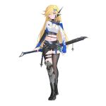  1girl absurdres alternate_costume asymmetrical_legwear asymmetrical_sleeves azure_striker_gunvolt belt black_shorts blade_(gunvolt) blonde_hair boots breasts commission commissioner_upload crop_top eyelashes fingerless_gloves full_body gloves gunvolt_chronicles_luminous_avenger_ix hair_ornament hand_on_hilt highres knee_armor leg_armor long_bangs long_hair looking_at_viewer mechanical_ears medium_breasts multiple_belts navel non-web_source rhan scabbard sheath shorts shoulder_strap solo swept_bangs sword thigh_strap thighhighs thighs transparent_background weapon 