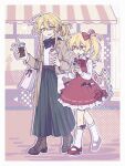  2girls adapted_costume alternate_costume alternate_hairstyle bag bandana bandana_around_neck black_bandana blonde_hair boots bow bowtie brown_boots brown_coat cellphone chinese_commentary coat collared_shirt commentary_request contemporary crystal crystal_wings cup disposable_cup drinking_straw flandre_scarlet frilled_shirt_collar frilled_skirt frills full_body green_skirt hair_bow highres holding holding_cup holding_phone kneehighs lace-up_boots long_hair long_sleeves mary_janes matara_okina missing_headwear multicolored_wings multiple_girls one_side_up open_clothes open_coat open_mouth orange_eyes outline phone red_bow red_bowtie red_eyes red_shoes red_skirt ribbon-trimmed_skirt ribbon_trim shirt shoes shopping_bag skirt skirt_set smartphone smile socks touhou white_outline white_shirt white_socks wings y_h 