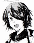  1girl :d arknights commentary_request exusiai_(arknights) hair_over_one_eye halo highres jacket looking_at_viewer monochrome natsu_matsuri_(pixiv_122402707) one_eye_covered open_mouth portrait short_hair simple_background smile solo white_background 