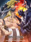  3boys blonde_hair blunt_bangs commentary_request copyright_name crossed_arms dai-xt facial_hair fire full_mask highres jack_(one_piece) king_(one_piece) male_focus mask multiple_boys mustache official_art one_piece one_piece_card_game overalls queen_(one_piece) smile stitched_torso stitches striped_clothes vertical-striped_clothes wings 