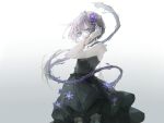 1girl absurdres adjusting_hair black_dress blue_eyes chinese_commentary collared_dress commentary_request cowboy_shot dress dress_flower flower grey_hair hair_flower hair_ornament hand_up highres long_hair low_ponytail neck_ribbon nijisanji official_art ponytail purple_flower purple_ribbon ribbon short_dress sleeveless sleeveless_dress solo sumire_(virtuareal) vine_tail virtual_youtuber virtuareal white_background 