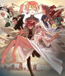  2girls 6+boys akamatsu_ken albireo_imma arika_anarchia_entheofushia barefoot book breasts carrying cleavage cleavage_cutout closed_eyes clothing_cutout dress everyone fighting_stance filius_zect gateau_kagura_von_vandenburg glasses grimoire grin hair_between_eyes heterochromia holding holding_sword holding_weapon jack_rakan kagurazaka_asuna katana konoe_eishun kurt_godel long_hair looking_at_viewer mahou_sensei_negima! multiple_boys multiple_girls nagi_springfield official_art ootachi princess_carry reaching reaching_towards_viewer short_hair shoulder_cutout smile sword takahata_t_takamichi teeth third-party_source toes weapon white_dress yellow_background 