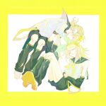  1boy 1girl bare_shoulders blonde_hair border closed_eyes commentary detached_sleeves grey_leg_warmers grey_sailor_collar grey_shorts grey_sleeves hair_ribbon haya_ff0047 headphones highres kagamine_len kagamine_rin leg_warmers medium_hair neckerchief ribbon sailor_collar shirt shoes short_sleeves shorts sleeveless sleeveless_shirt untranslatable_commentary vocaloid white_background white_ribbon white_shirt white_shoes yellow_border yellow_neckerchief 
