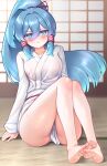  1girl :t alternate_costume ass barefoot beikeice blush breasts chinese_commentary closed_mouth commentary_request feet hair_between_eyes hair_ribbon hair_tubes highres japanese_clothes kimono long_hair long_sleeves looking_at_viewer miyadeguchi_mizuchi miyadeguchi_mizuchi_(human) ponytail pout red_ribbon ribbon shouji sitting sliding_doors small_breasts soles solo sweat tatami thighs toes touhou white_kimono 