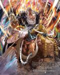  3boys abs belt black_wings blonde_hair cigar commentary_request copyright_name facial_tattoo fire holding holding_weapon horns jack_(one_piece) king_(one_piece) looking_at_viewer male_focus moreshan multiple_boys muscular muscular_male official_art one_piece one_piece_card_game ponytail queen_(one_piece) shirt stitched_torso stitches tattoo weapon white_hair white_shirt wings 