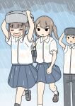  >_< 1boy 2girls arms_up backpack bag blue_bra blue_skirt blue_sky bra brown_shoes closed_eyes cloud collared_shirt commentary_request day dress_shirt green_bra grey_pants grey_shoes grey_socks juukyuu loafers multiple_girls open_mouth original outdoors pants parted_lips pleated_skirt rain running school_bag school_uniform see-through_clothes see-through_shirt shirt shoes short_sleeves skirt sky socks solid_circle_eyes underwear unworn_backpack unworn_bag v-shaped_eyebrows wavy_mouth wet wet_clothes wet_shirt white_shirt white_socks 