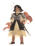  1girl absurdres ai-wa ancient_mongolian_armor black_hat braid cape commentary feathers fur-trimmed_headwear fur_trim hands_on_own_hips hat highres mongolian_clothes red_cape simple_background smirk solo sword tenmaku_no_jaadugar tolui_(tenmaku_no_jaadugar) twin_braids untranslatable_commentary weapon white_background 