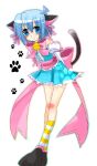  1boy animal_ears arms_behind_back ayasaki_hayate back_bow bare_shoulders bell black_shoes black_tail blue_bow blue_dress blue_eyes blue_hair blush bow bowtie cat_ears cat_tail center_frills closed_mouth commentary_request crossdressing crossdressing_(mtf) crossed_ankles detached_sleeves dress ear_ribbon frilled_dress frilled_sleeves frills full_body hair_between_eyes hair_bow hayate_no_gotoku! jingle_bell kneehighs large_bow leaning_forward looking_at_viewer male_focus medium_hair neck_bell outer_glow paw_print paw_print_background paw_shoes pink_bow pink_bowtie pink_ribbon ribbon ribbon-trimmed_sleeves ribbon_trim satou_(satoahi) shoes short_dress sidelocks socks solo standing striped_clothes striped_socks tail trap white_background white_sleeves 