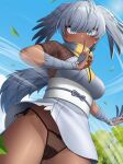  1girl absurdres arm_wrap bird_girl bird_tail bird_wings breasts cameltoe commentary_request dark-skinned_female dark_skin deku_suke fishnet_top fishnets grey_hair grey_kimono grey_scarf hair_between_eyes head_wings highres japanese_clothes kemono_friends kemono_friends_3 kimono kuji-in large_breasts looking_at_viewer multicolored_hair ninja official_alternate_skin_color panties scarf shoebill_(ex)_(kemono_friends) short_kimono side-tie_panties solo tail two-tone_scarf underwear upskirt wings yellow_scarf 