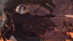  1girl alter_servant armor asymmetrical_dual_wielding battlefield black_cape breasts cape commentary dragon dual_wielding fate/grand_order fate_(series) fire french_commentary highres holding holding_polearm holding_sword holding_weapon jeanne_d'arc_alter_(avenger)_(fate) jeanne_d'arc_alter_(avenger)_(first_ascension)_(fate) jeanne_d'arc_alter_(fate) kana_kana_(qq1414933589) large_breasts outstretched_arm polearm short_hair solo sword torn_flag weapon white_hair yellow_eyes 