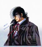  1boy adversarial_noise black_coat black_hair black_jack_(character) black_jack_(series) black_vest brown_eyes buchimaruvvv closed_mouth coat coat_on_shoulders collared_shirt commentary_request dated expressionless highres looking_at_viewer male_focus multicolored_hair neck_ribbon official_style patchwork_skin red_ribbon ribbon shirt simple_background solo split-color_hair two-tone_hair vest watermark white_background white_hair white_shirt wing_collar 