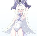  1girl arm_behind_head arm_up armpit_focus armpits ascot black_hat blue_archive commentary_request covered_navel dragon_girl dragon_horns dragon_tail flat_chest frilled_one-piece_swimsuit frills hat highleg highleg_one-piece_swimsuit highres horns long_hair looking_at_viewer nanami_(blue_archive) one-piece_swimsuit open_mouth partial_commentary pirate_hat pointy_ears presenting_own_armpit purple_ascot simple_background smile solo swimsuit tail toiuwake8140 white_background white_hair 